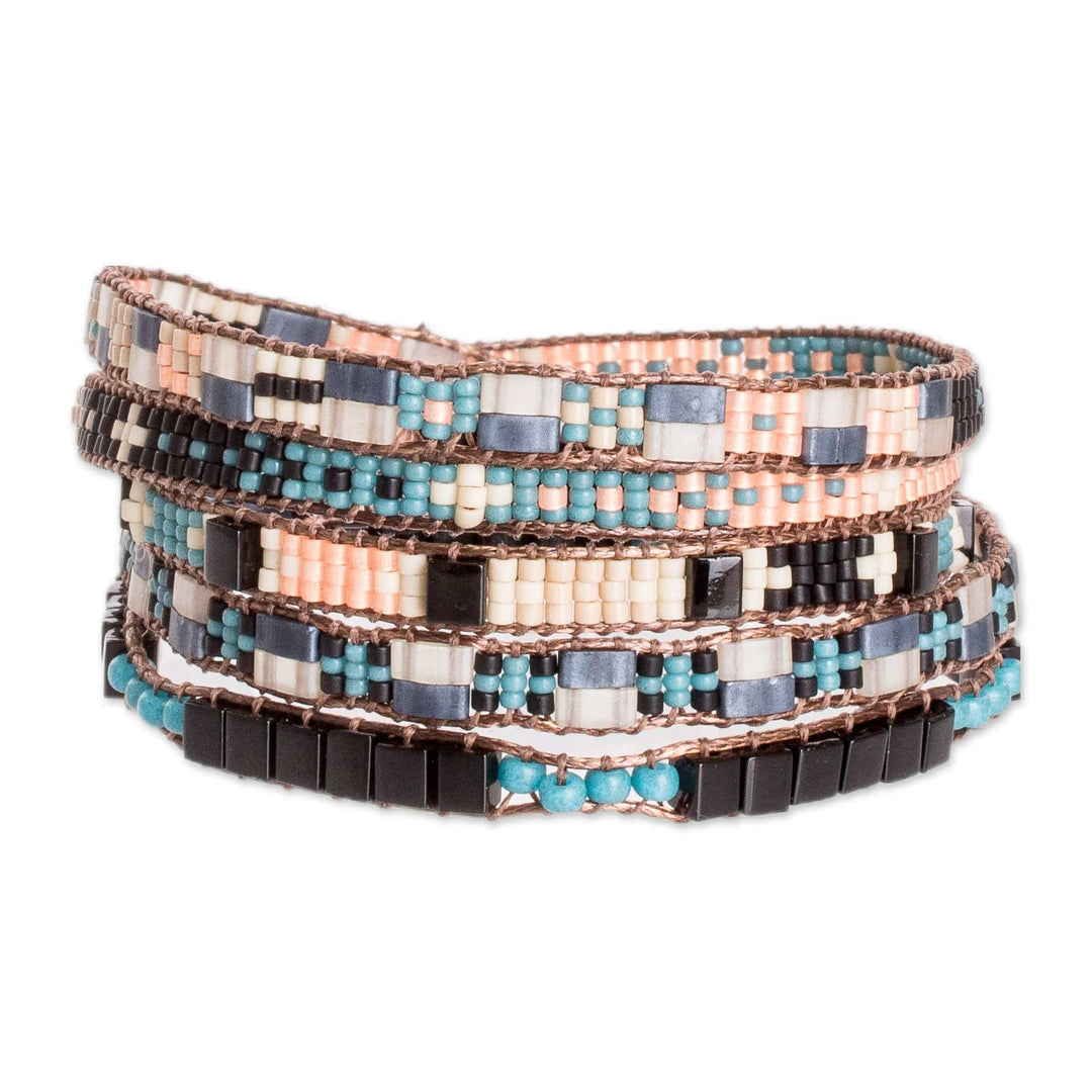 Handmade Black and Turquoise Glass Beaded Wrap Bracelet - Nocturnal Reflection