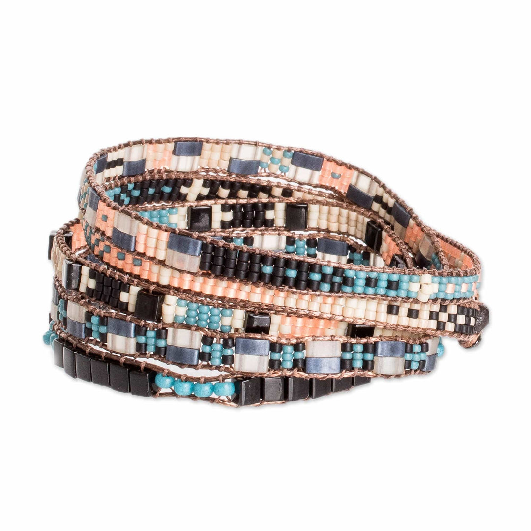 Handmade Black and Turquoise Glass Beaded Wrap Bracelet - Nocturnal Reflection