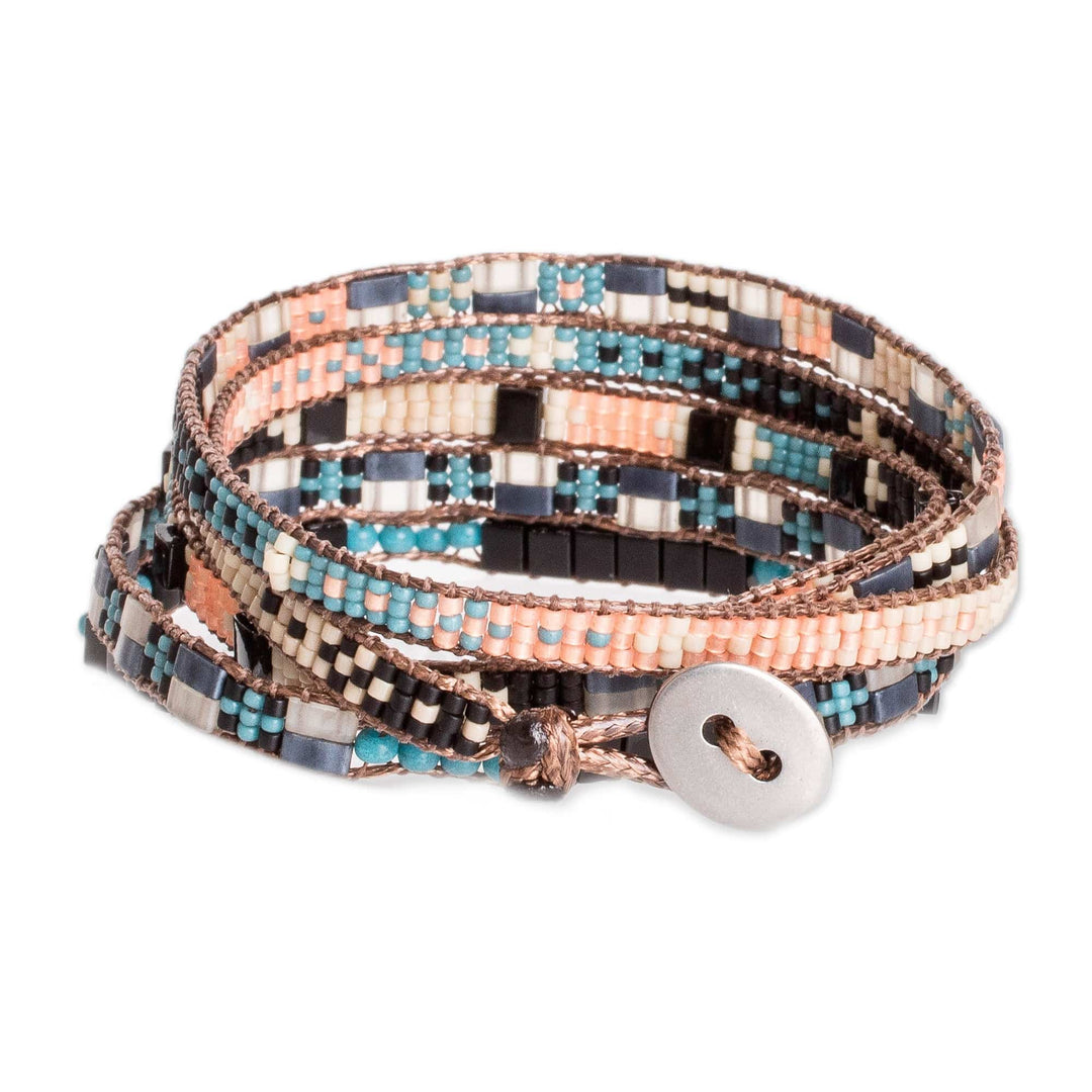 Handmade Black and Turquoise Glass Beaded Wrap Bracelet - Nocturnal Reflection