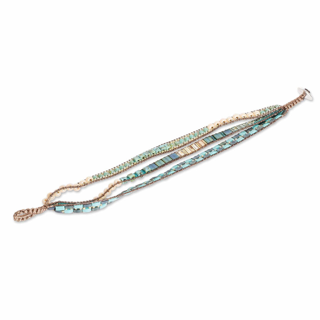 Handmade Turquoise and Green Glass Beaded Wristband Bracelet - Guatemala's Breeze