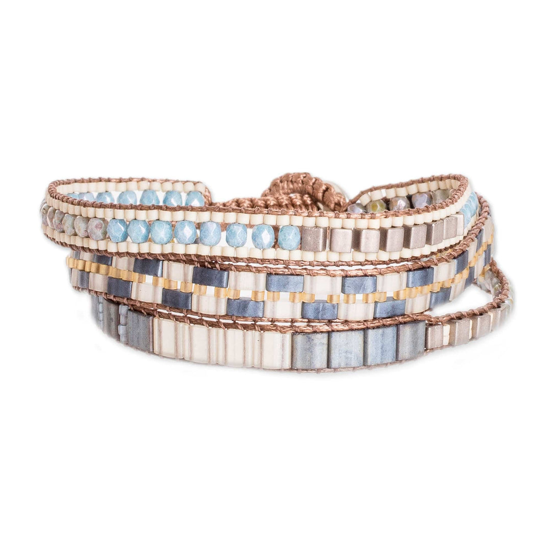 Handmade Blue and Golden Glass Beaded Wristband Bracelet - Serene Coast