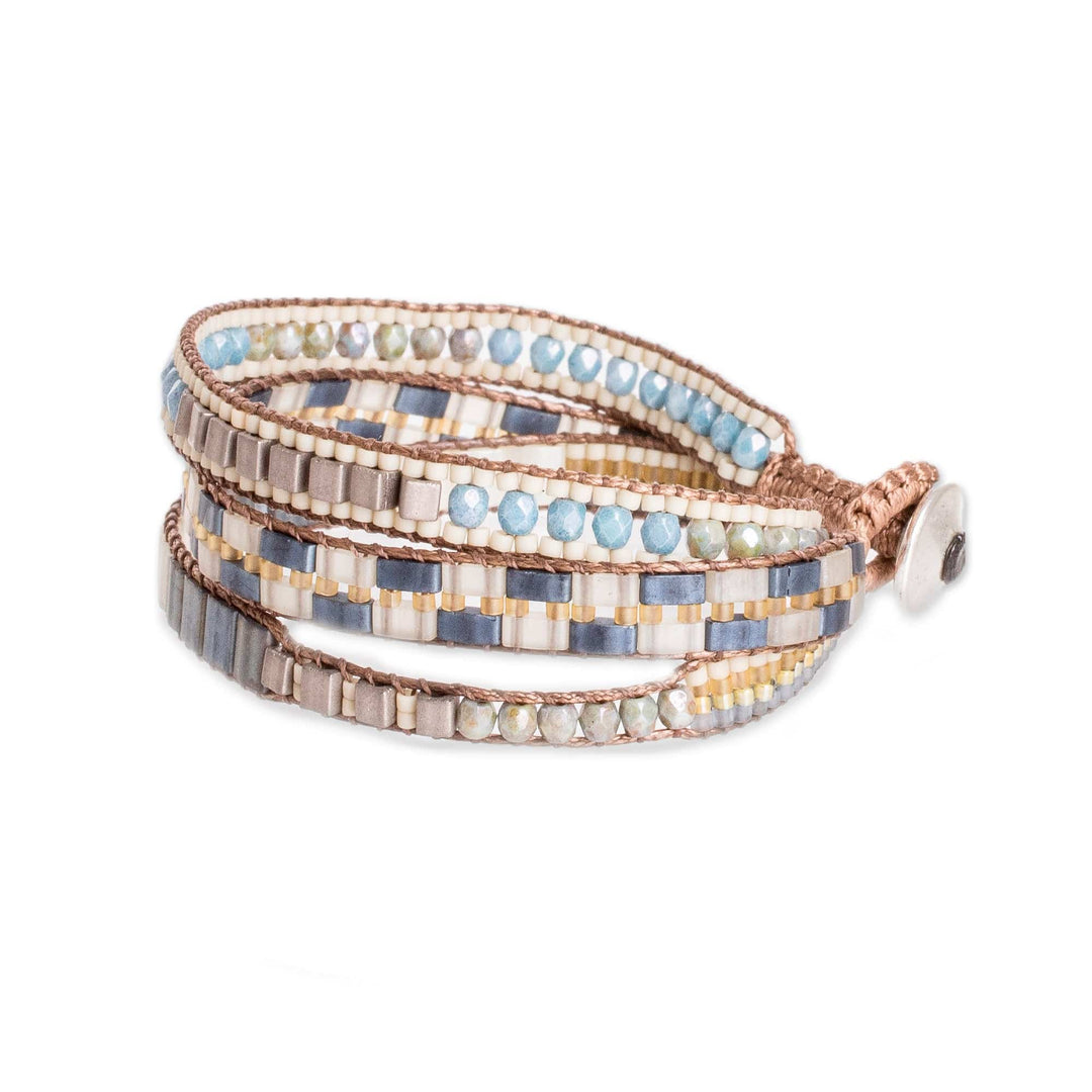 Handmade Blue and Golden Glass Beaded Wristband Bracelet - Serene Coast