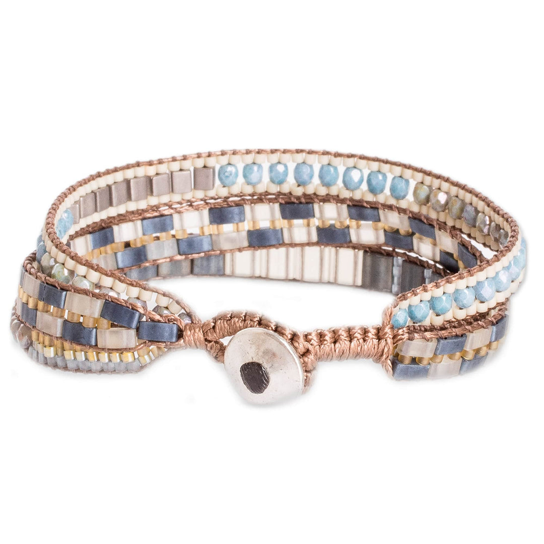 Handmade Blue and Golden Glass Beaded Wristband Bracelet - Serene Coast