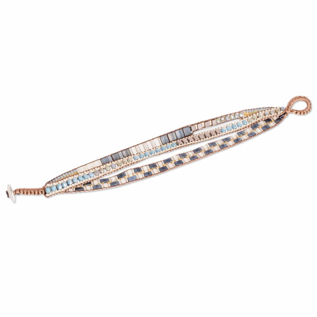 Handmade Blue and Golden Glass Beaded Wristband Bracelet - Serene Coast