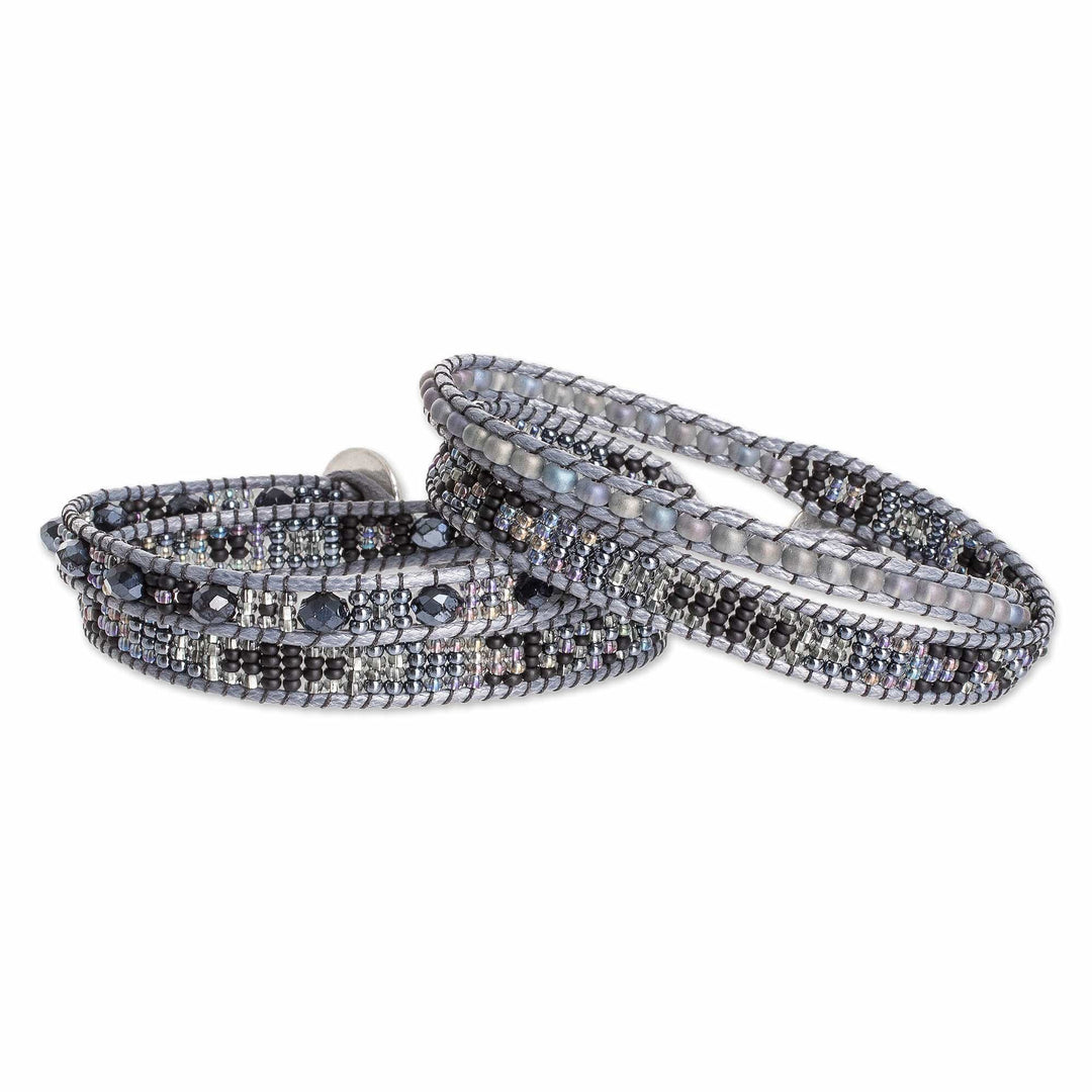 2 Handmade Black Grey Beaded Positive Energy Wrap Bracelets - Absolute Balance