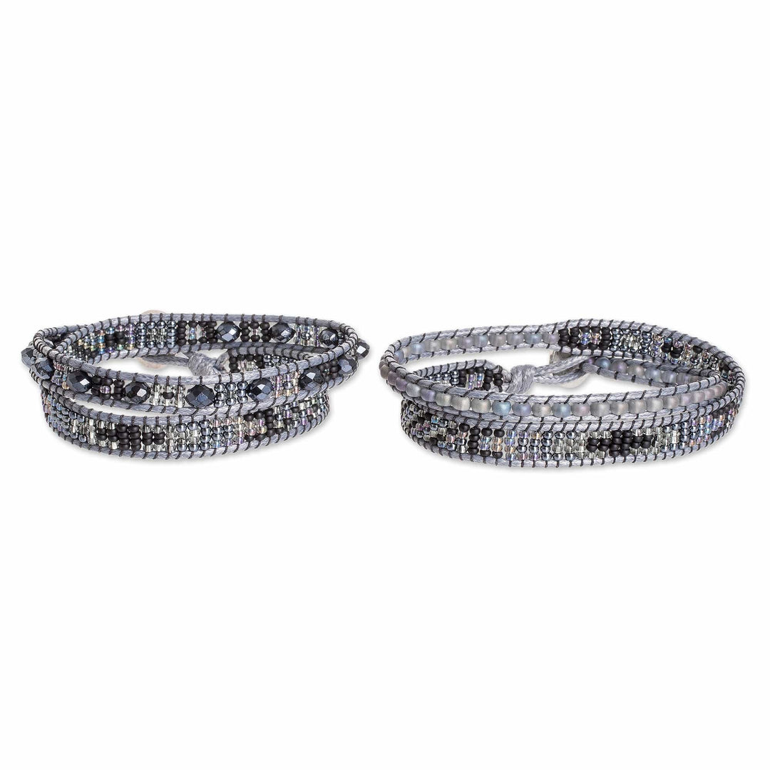 2 Handmade Black Grey Beaded Positive Energy Wrap Bracelets - Absolute Balance