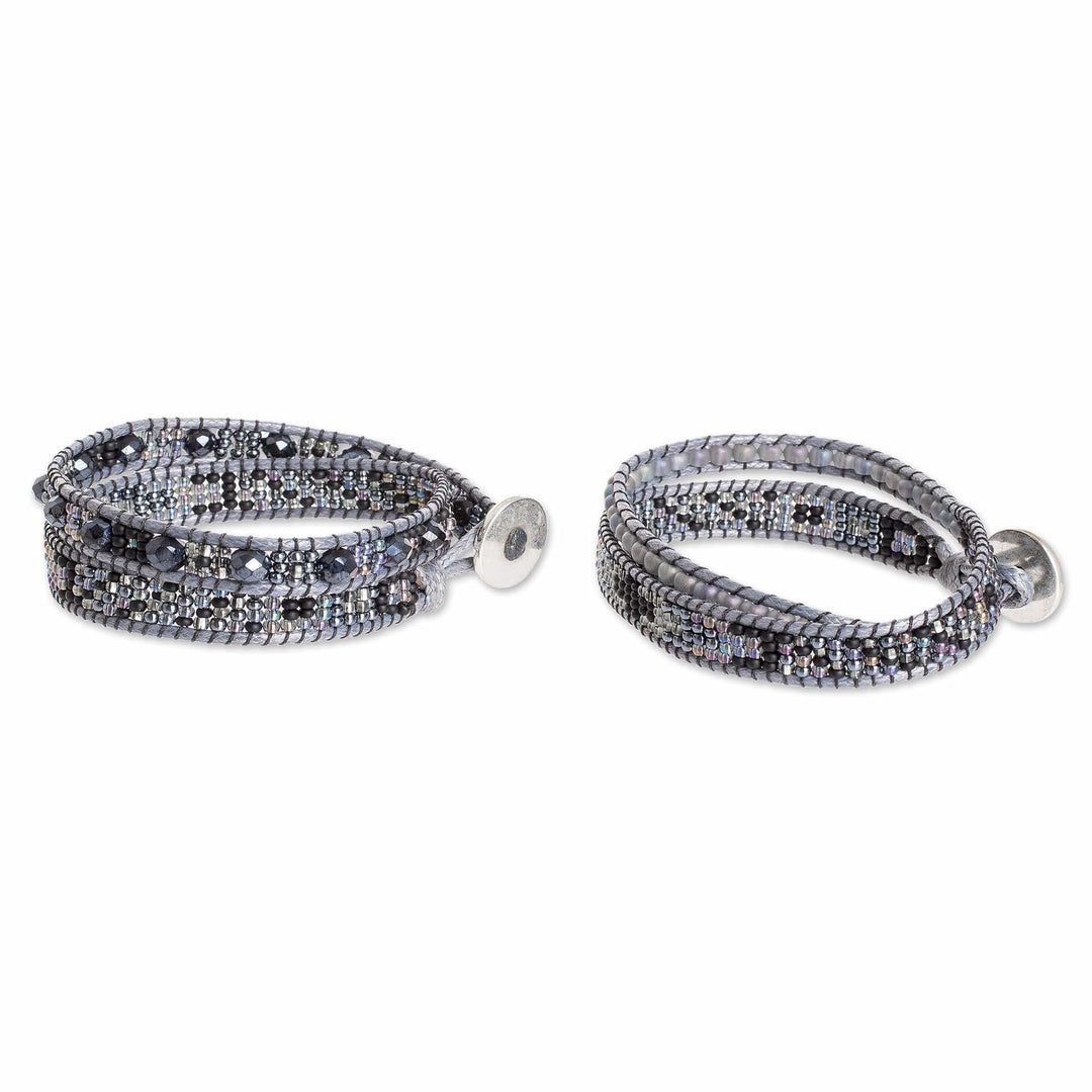 2 Handmade Black Grey Beaded Positive Energy Wrap Bracelets - Absolute Balance