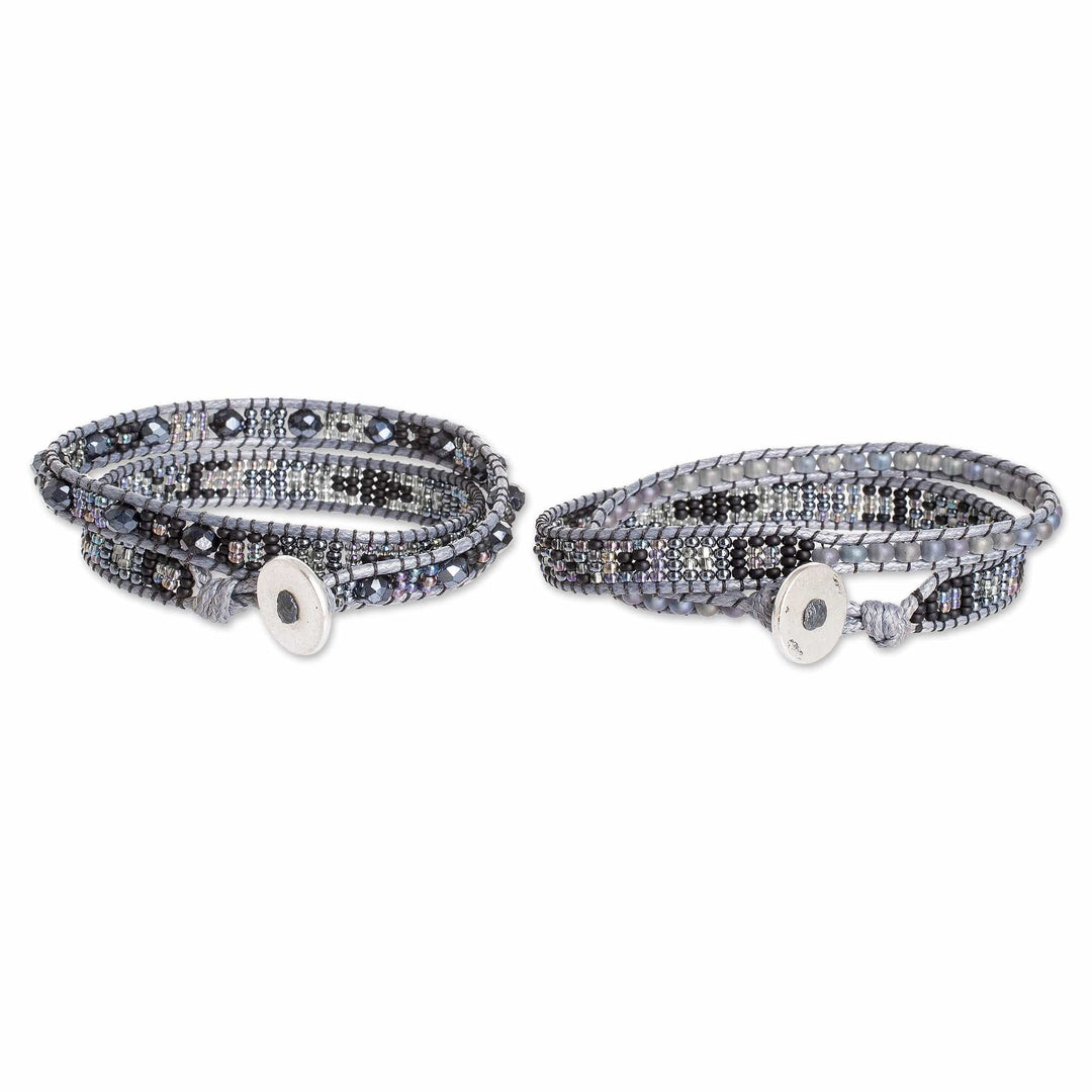 2 Handmade Black Grey Beaded Positive Energy Wrap Bracelets - Absolute Balance