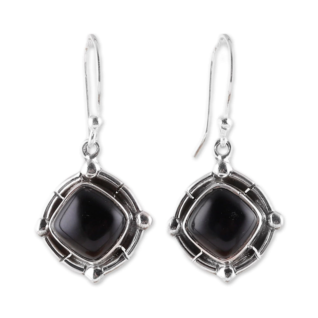 Polished Diamond-Shaped Onyx Cabochon Dangle Earrings - Nocturnal Affair