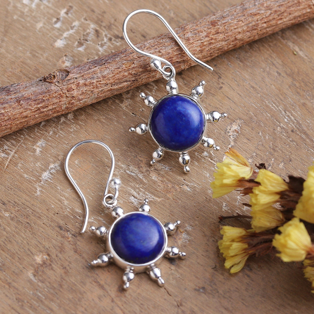 Polished Sun-Themed Lapis Lazuli Dangle Earrings from India - Solar Intuition