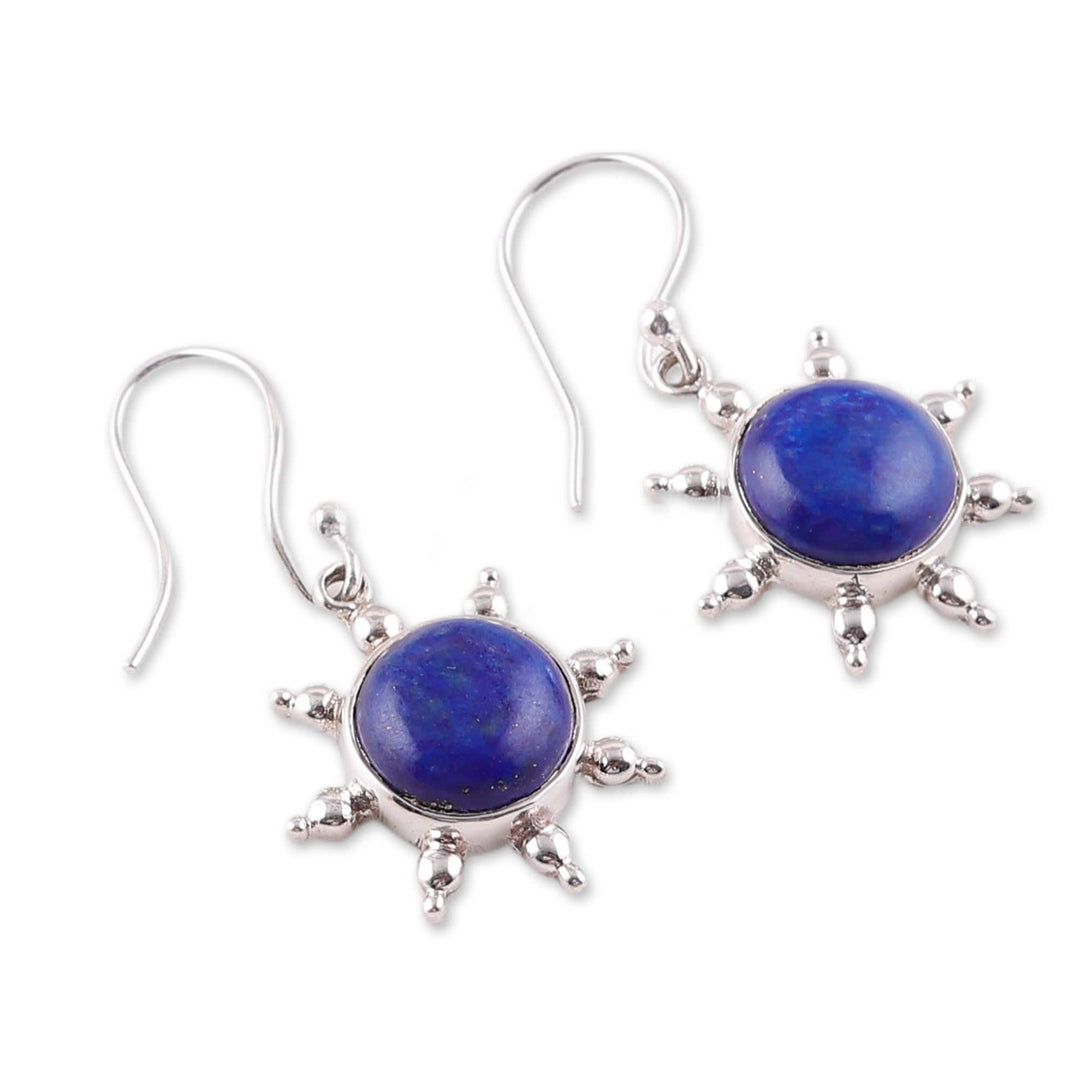 Polished Sun-Themed Lapis Lazuli Dangle Earrings from India - Solar Intuition