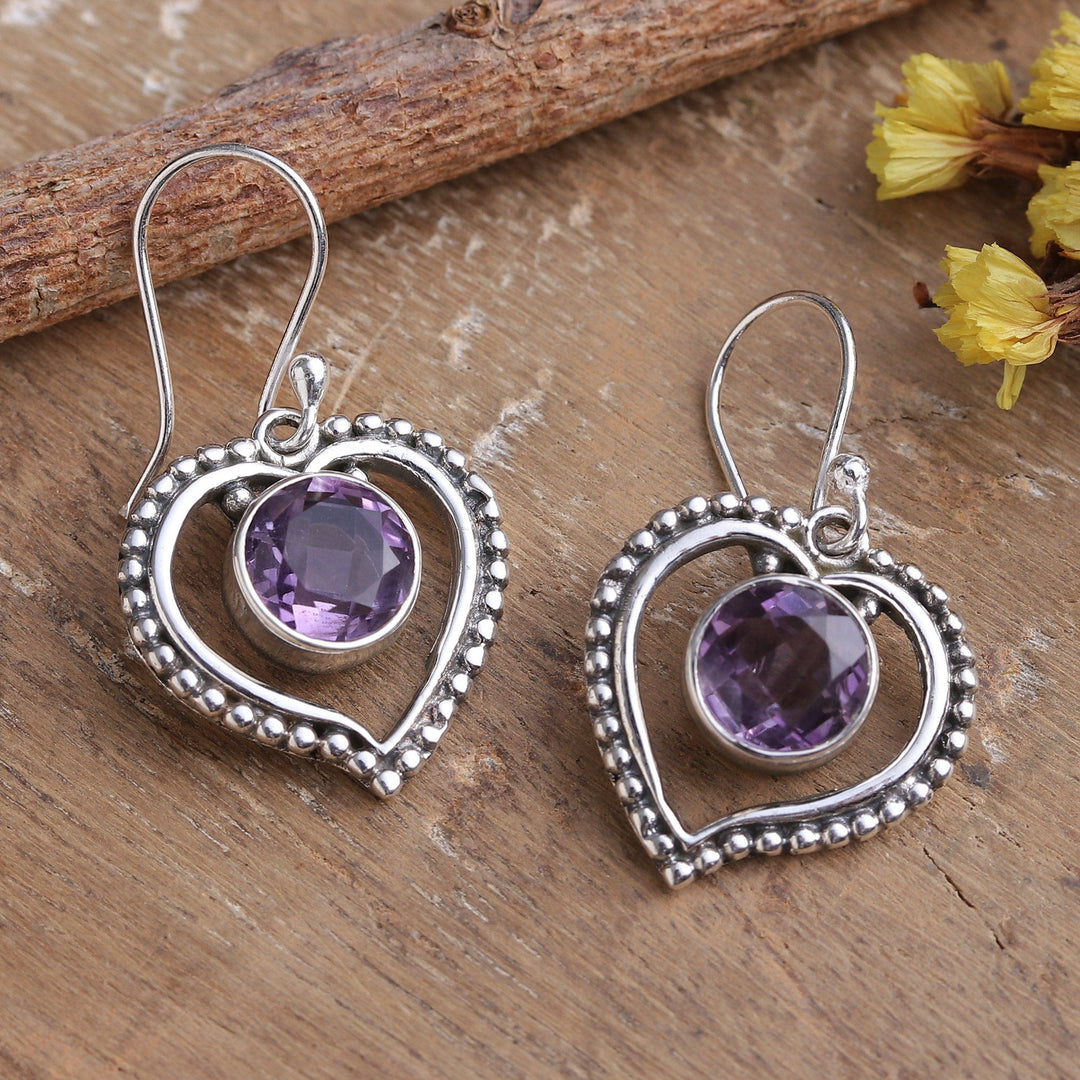 Heart-Shaped Faceted 4-Carat Round Amethyst Dangle Earrings - Wise Heartbeat