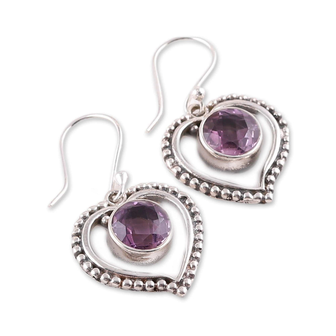 Heart-Shaped Faceted 4-Carat Round Amethyst Dangle Earrings - Wise Heartbeat