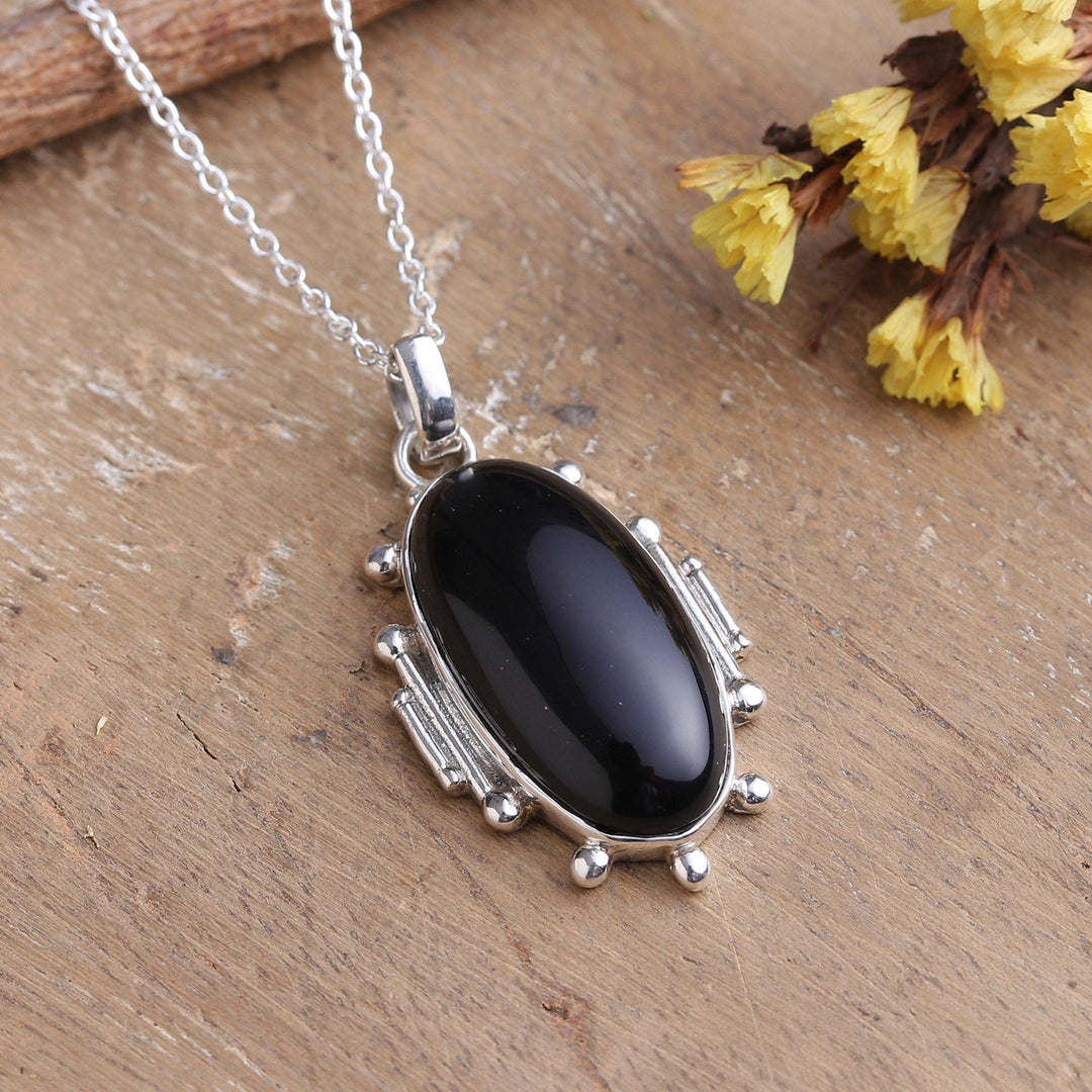 Polished Oval Onyx Cabochon Pendant Necklace from India - Nocturnal Muse