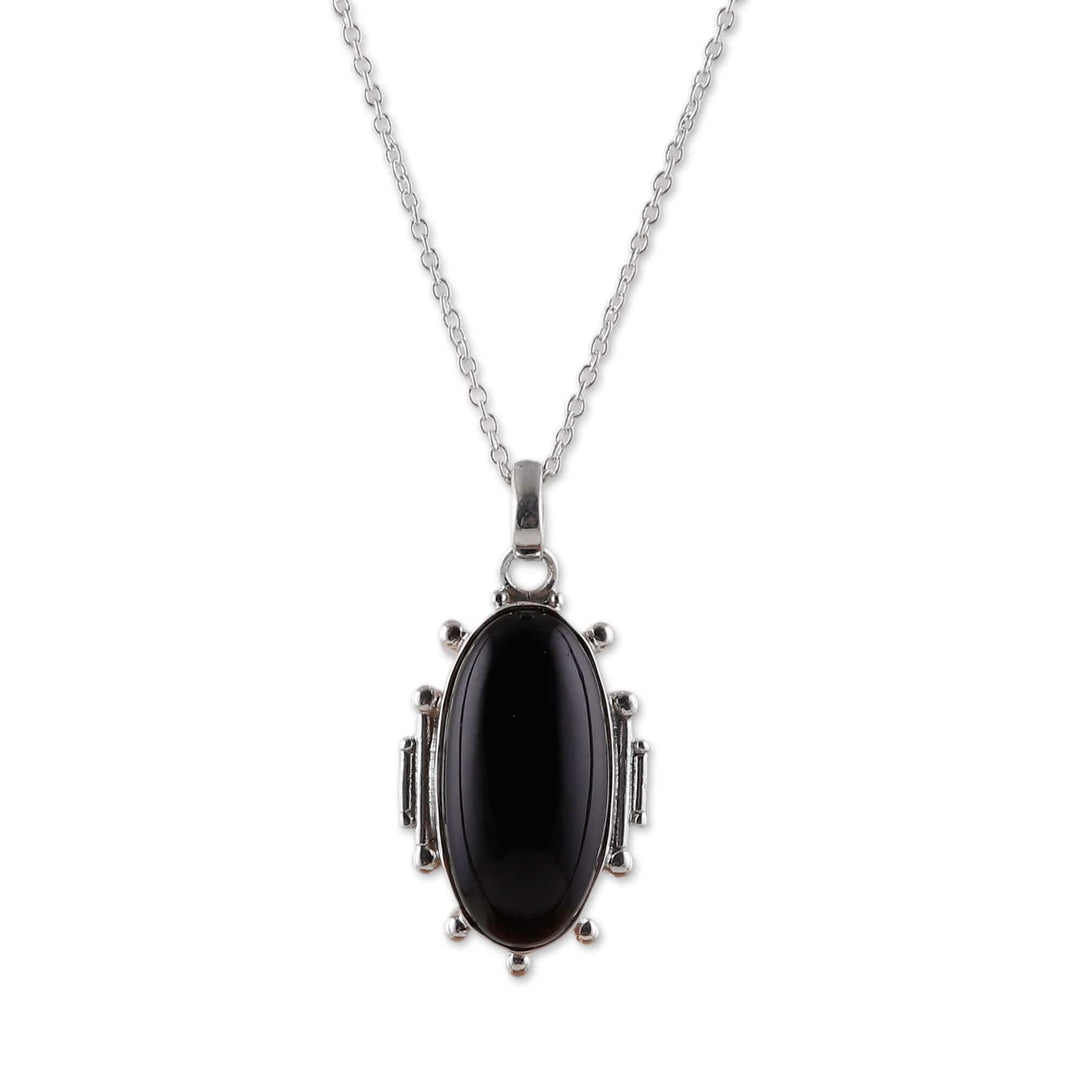 Polished Oval Onyx Cabochon Pendant Necklace from India - Nocturnal Muse