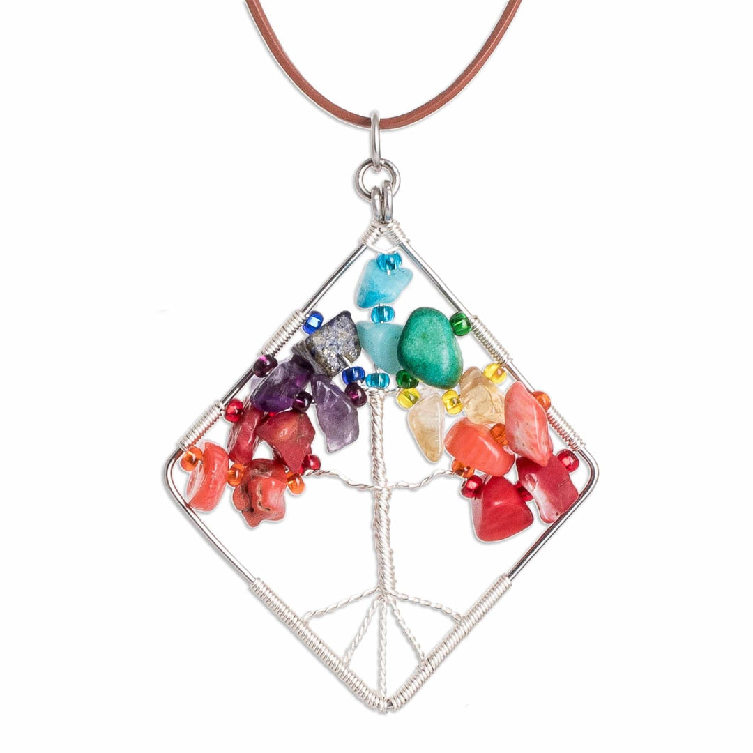 Diamond-Shaped Tree-Themed Multi-Gemstone Pendant Necklace - Nature's Rainbow Diamond