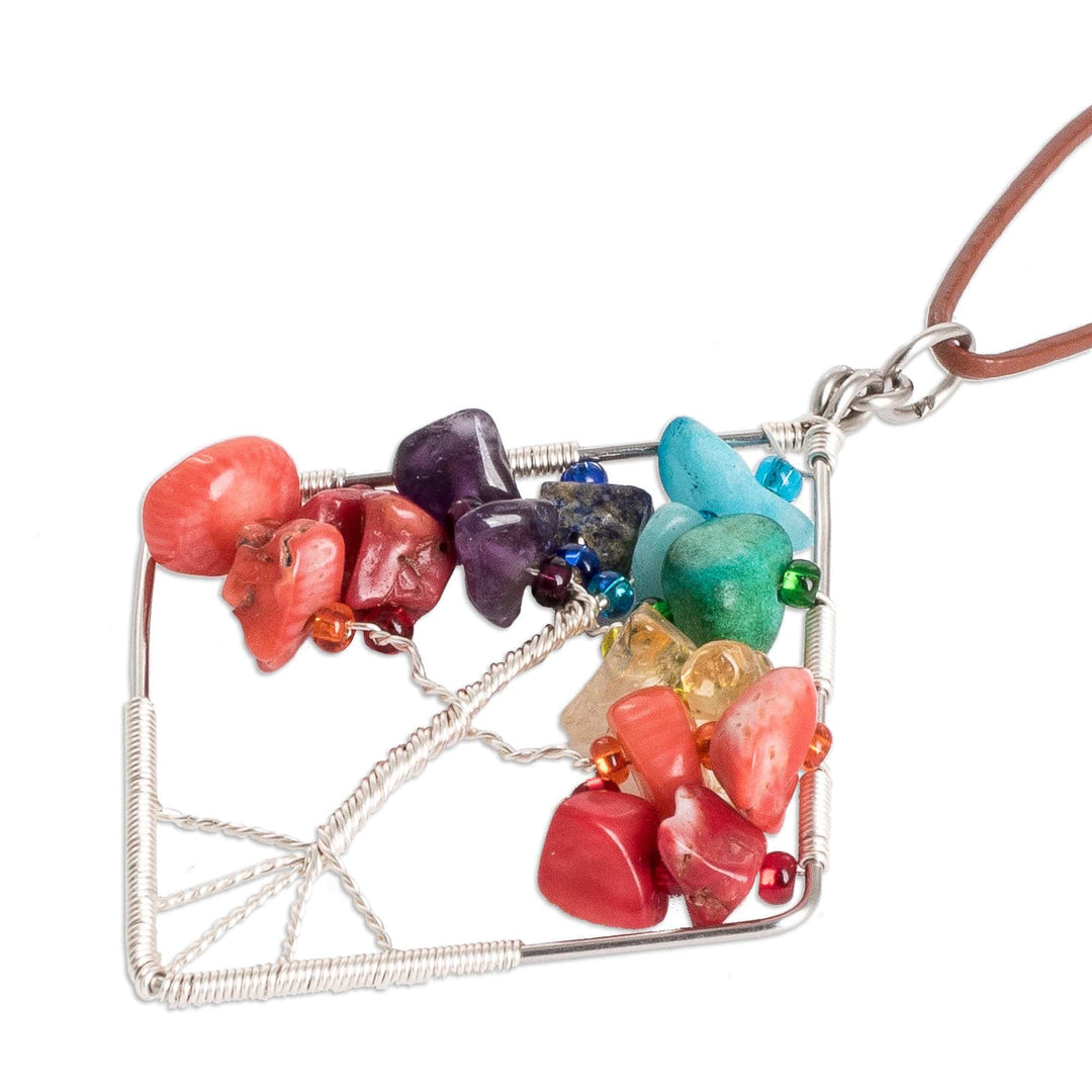 Diamond-Shaped Tree-Themed Multi-Gemstone Pendant Necklace - Nature's Rainbow Diamond