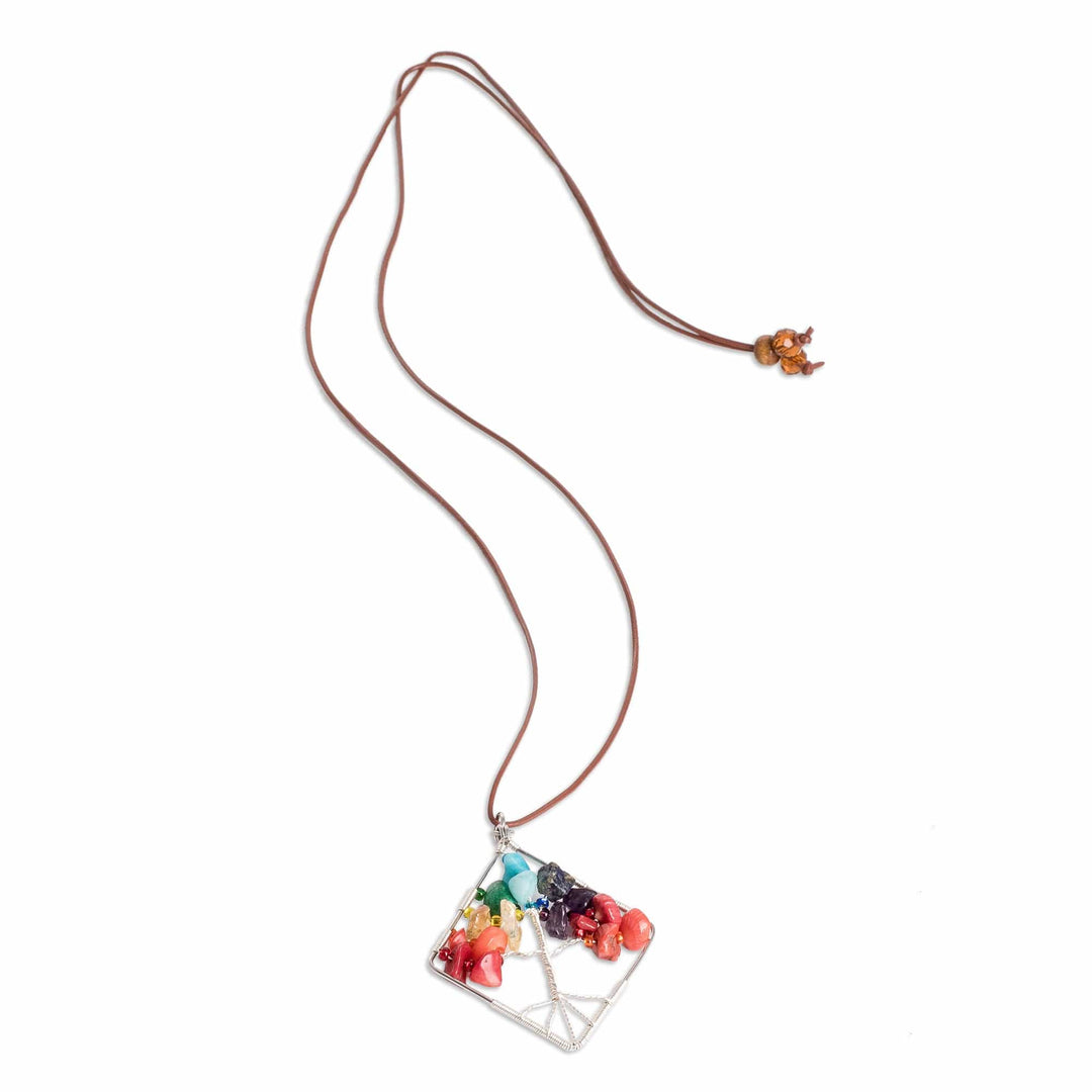 Diamond-Shaped Tree-Themed Multi-Gemstone Pendant Necklace - Nature's Rainbow Diamond