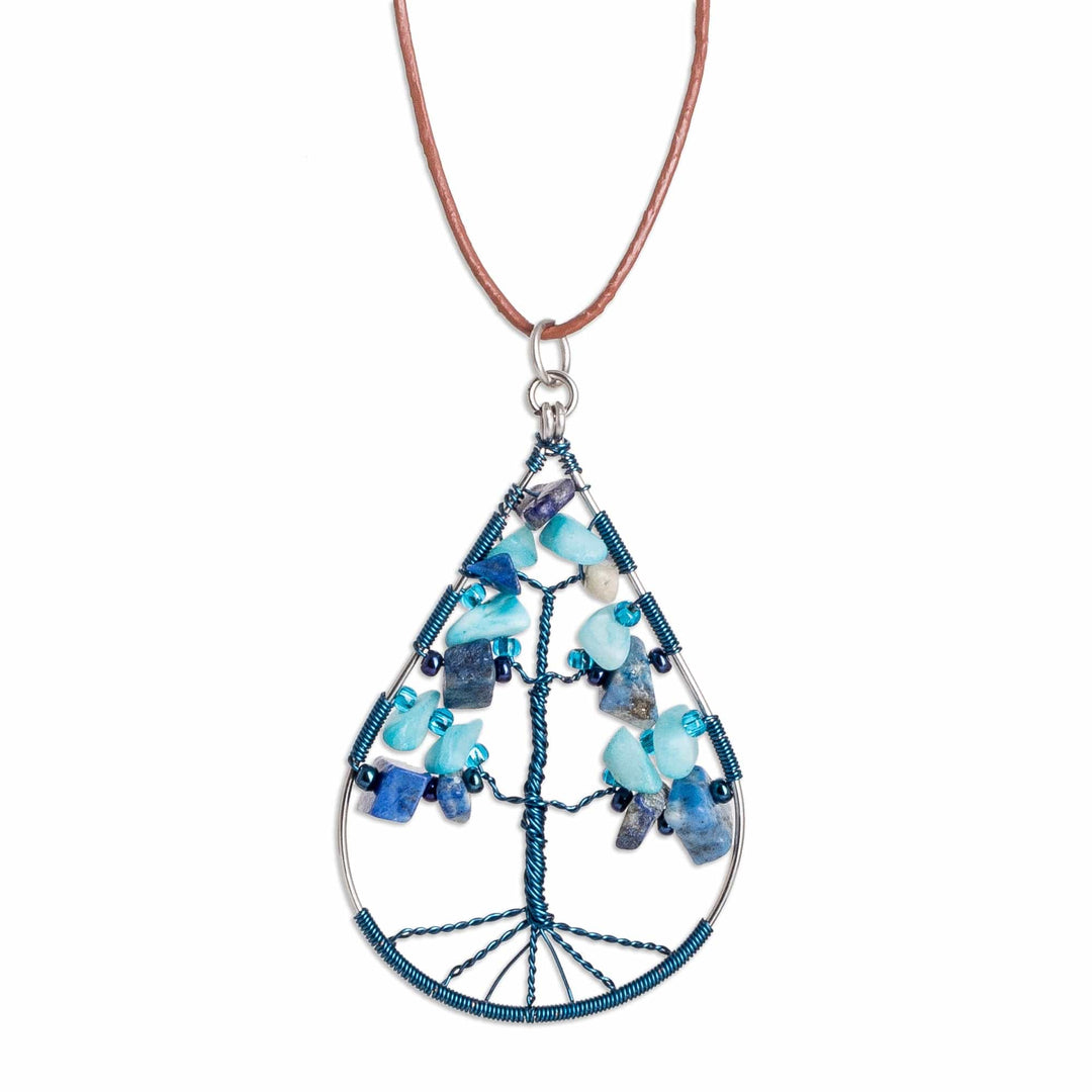 Drop-Shaped Tree-Themed Jasper and Quartz Pendant Necklace - Drop of Life in Blue