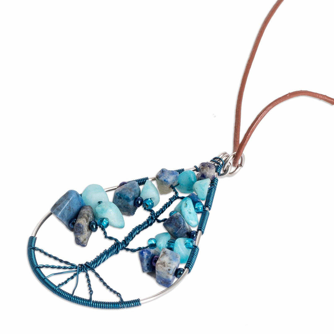 Drop-Shaped Tree-Themed Jasper and Quartz Pendant Necklace - Drop of Life in Blue