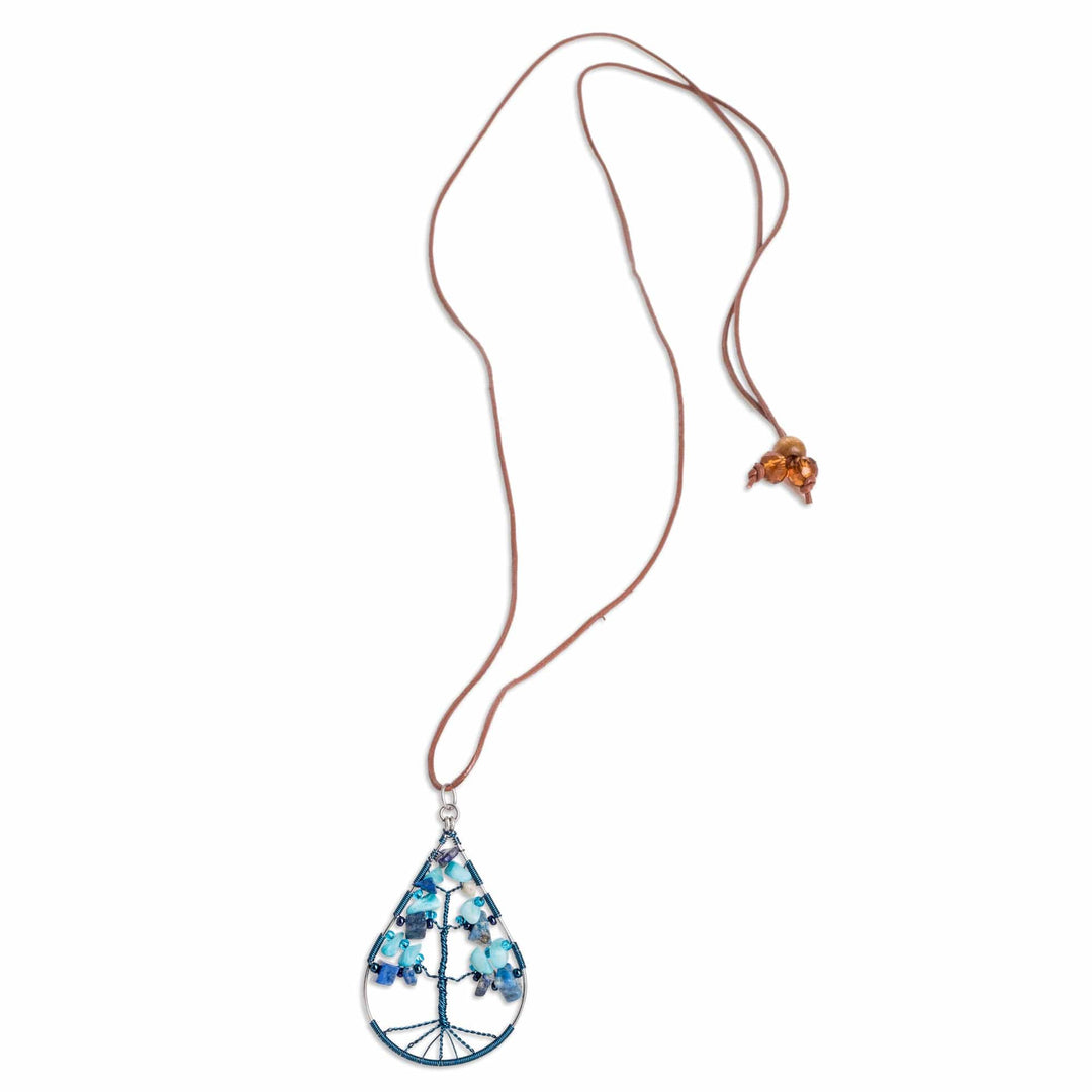 Drop-Shaped Tree-Themed Jasper and Quartz Pendant Necklace - Drop of Life in Blue