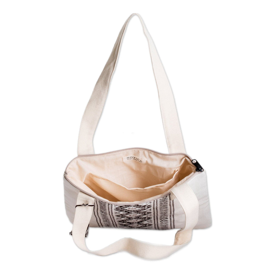 Traditional Patterned Zippered Ivory Cotton Tote Bag - Celestial Paths