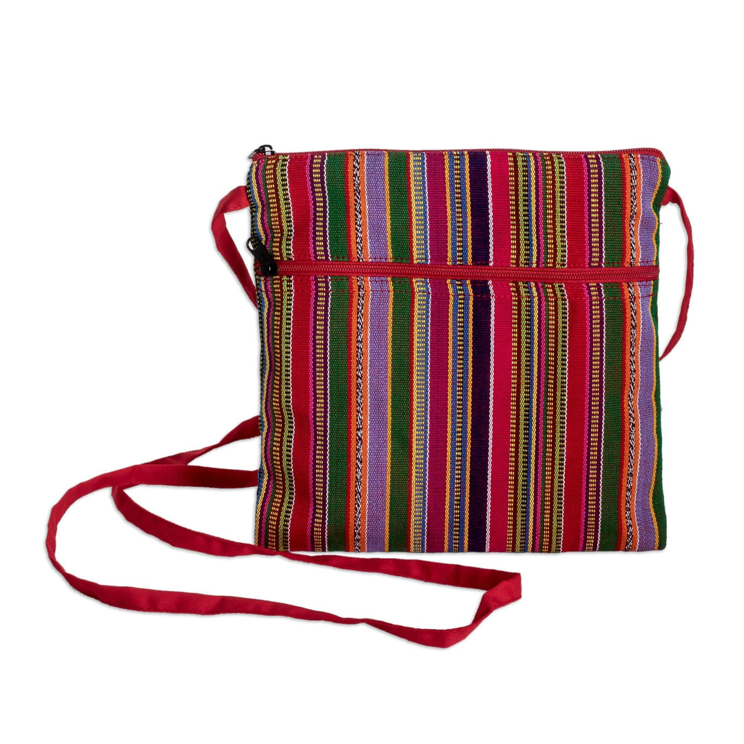 Handmade Classic Striped Red Cotton Sling Bag with Zipper - Colorful Guatemala