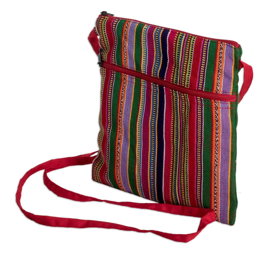 Handmade Classic Striped Red Cotton Sling Bag with Zipper - Colorful Guatemala