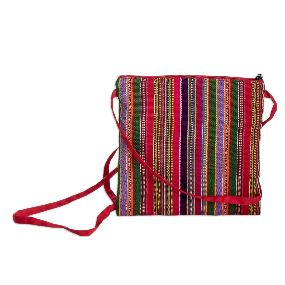 Handmade Classic Striped Red Cotton Sling Bag with Zipper - Colorful Guatemala