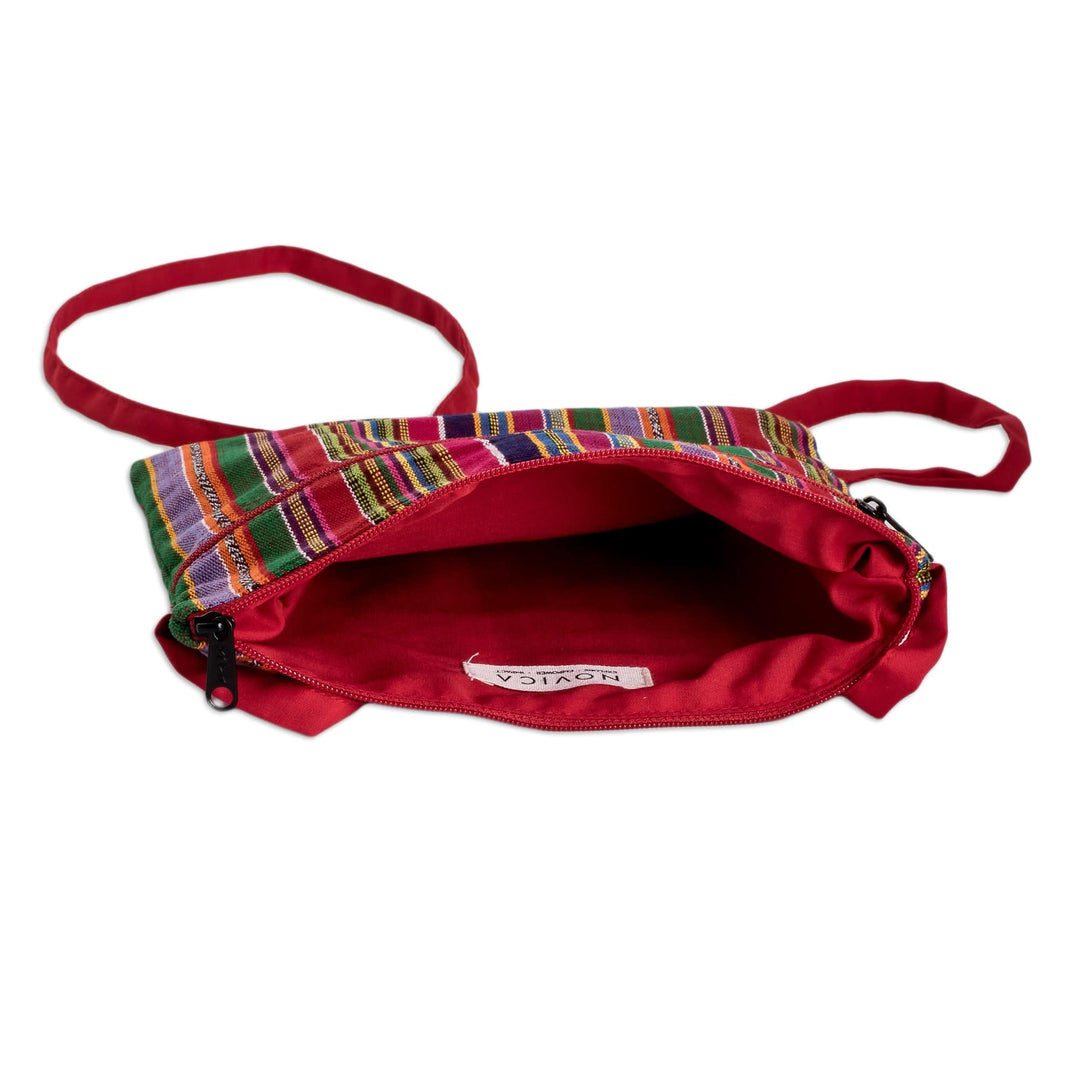 Handmade Classic Striped Red Cotton Sling Bag with Zipper - Colorful Guatemala