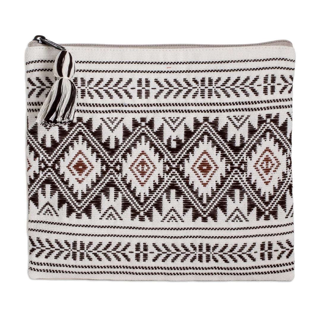 Geometric Patterned Zippered Ivory Cotton Cosmetic Bag - Stellar Paths