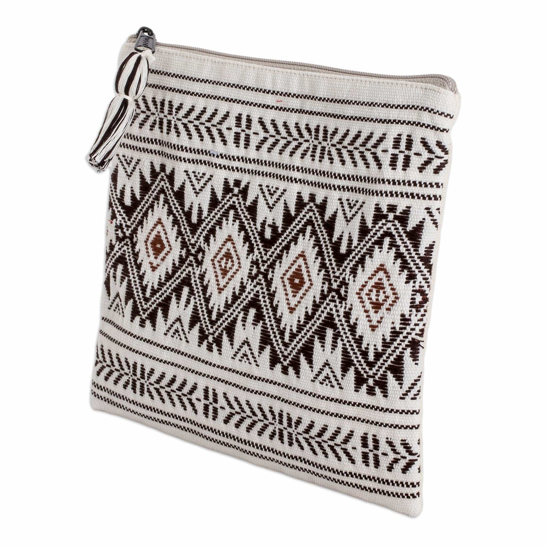 Geometric Patterned Zippered Ivory Cotton Cosmetic Bag - Stellar Paths