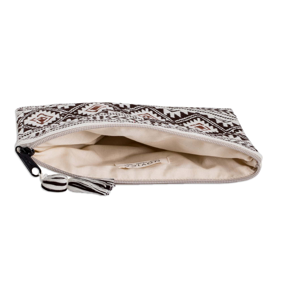 Geometric Patterned Zippered Ivory Cotton Cosmetic Bag - Stellar Paths