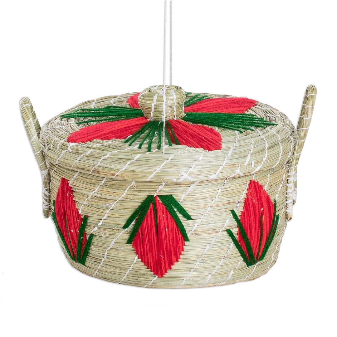 Handwoven Floral Natural Paja Fiber Basket in Red Hues - Romance & Flowers