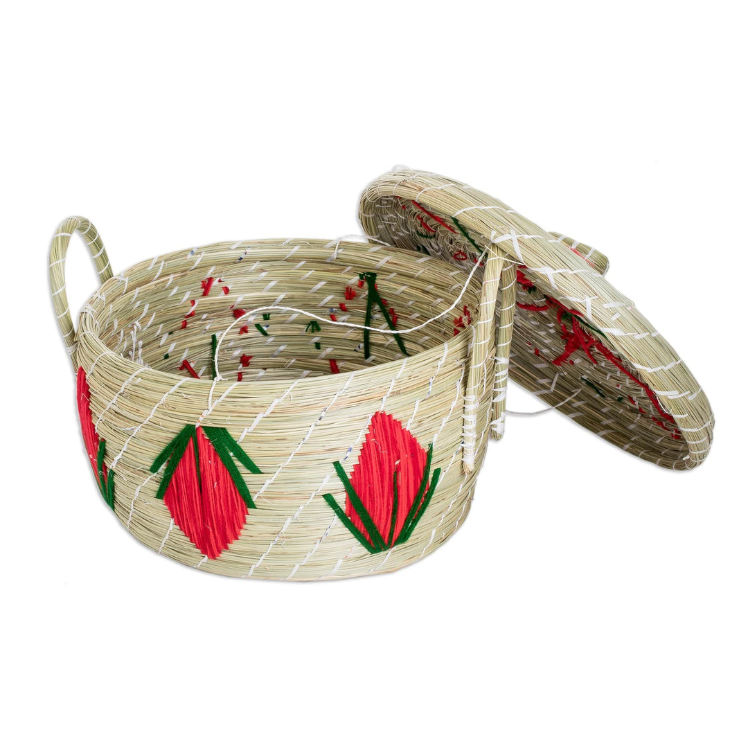 Handwoven Floral Natural Paja Fiber Basket in Red Hues - Romance & Flowers