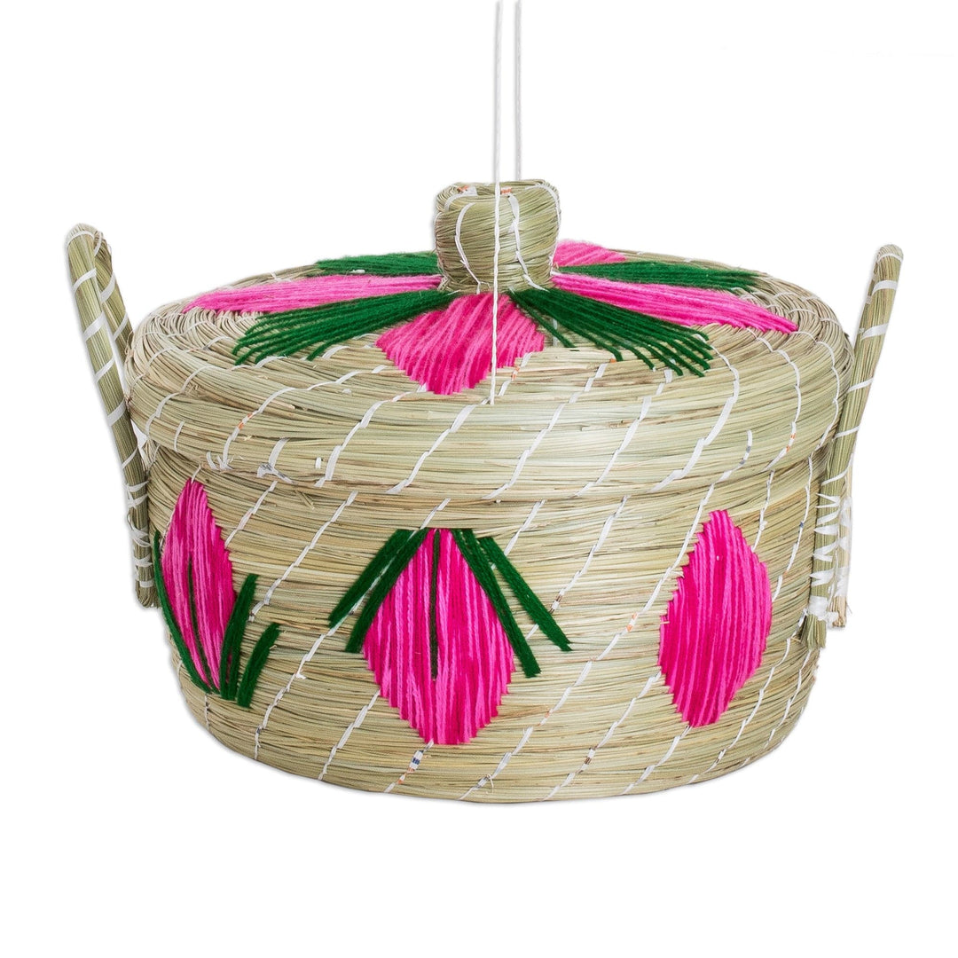 Handwoven Floral Natural Paja Fiber Basket in Pink Hues - Sweetness & Flowers
