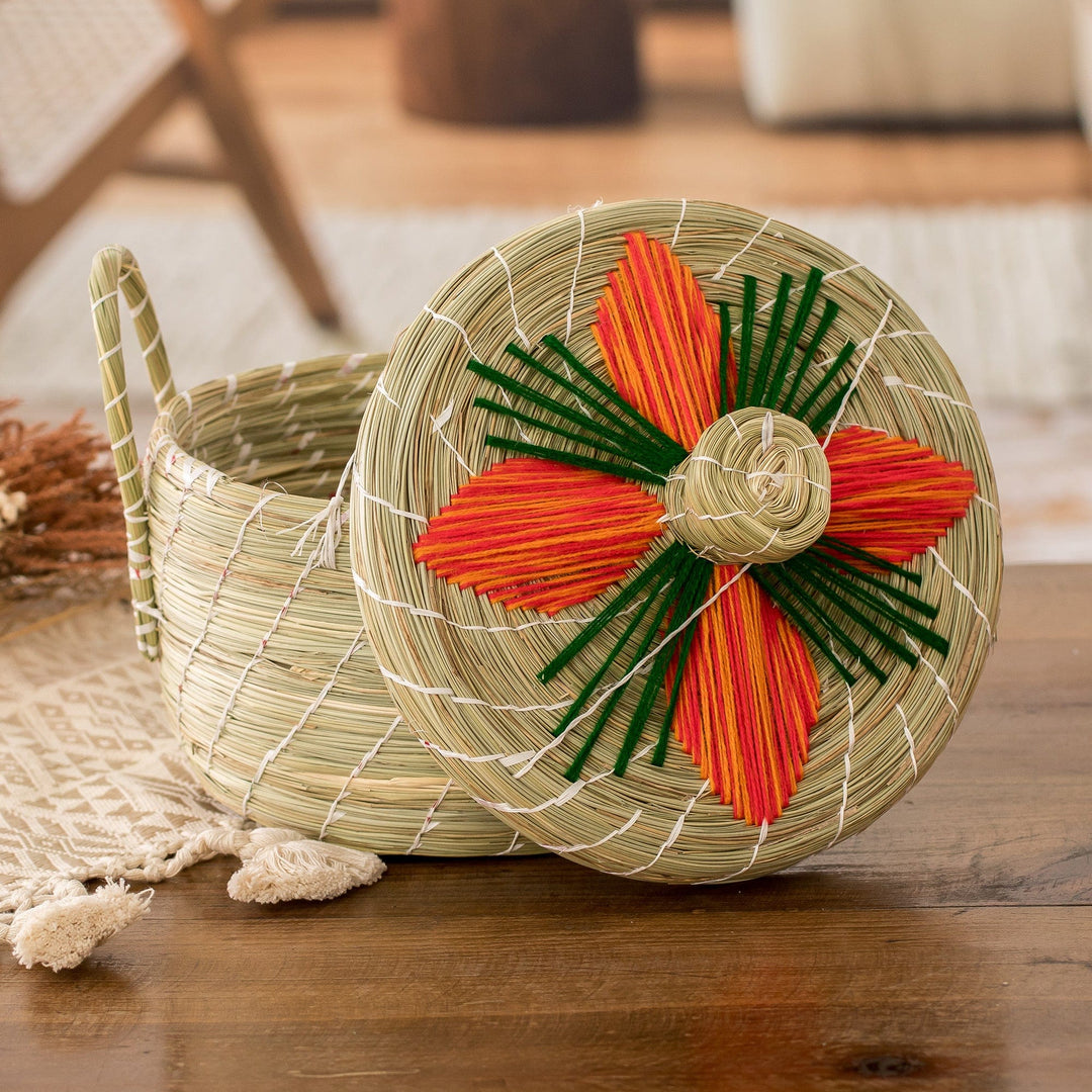 Handwoven Floral Orange Natural Fiber Basket from Guatemala - Joyful Spring