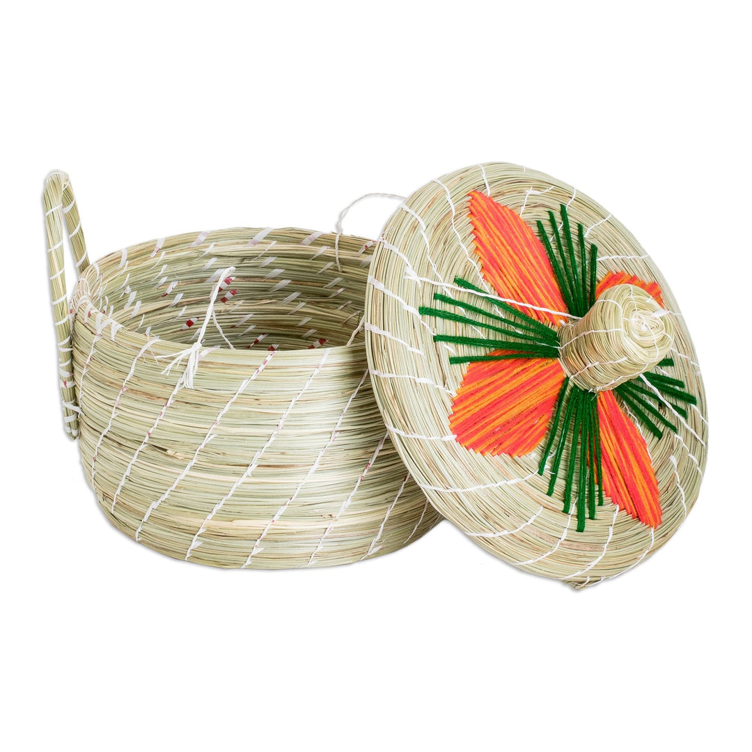 Handwoven Floral Orange Natural Fiber Basket from Guatemala - Joyful Spring