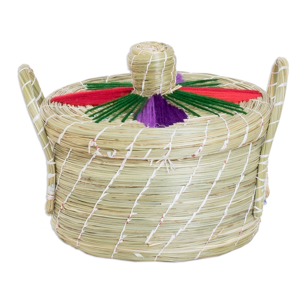 Handwoven Floral Red and Purple Natural Fiber Basket - Enchanting Spring