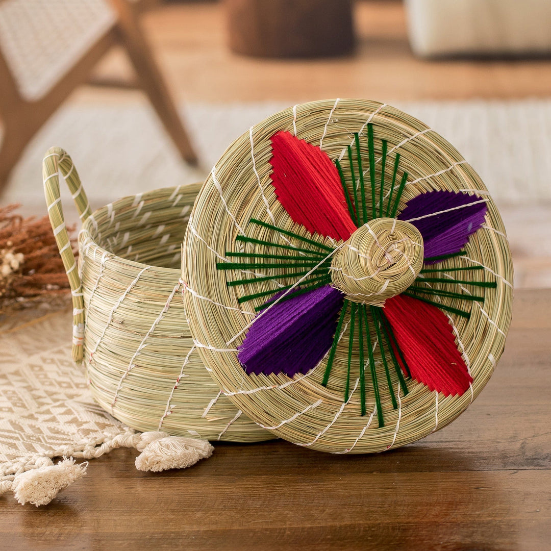 Handwoven Floral Red and Purple Natural Fiber Basket - Enchanting Spring