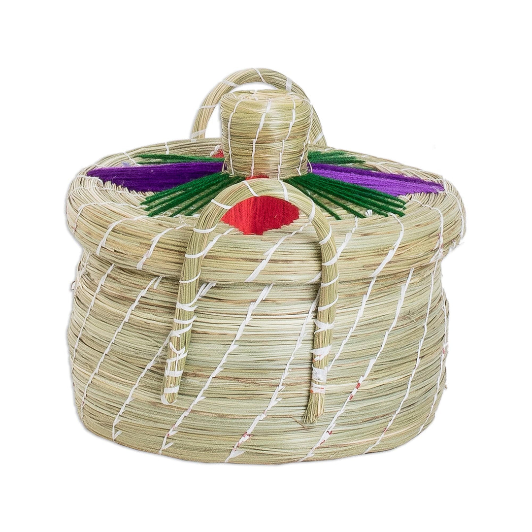Handwoven Floral Red and Purple Natural Fiber Basket - Enchanting Spring