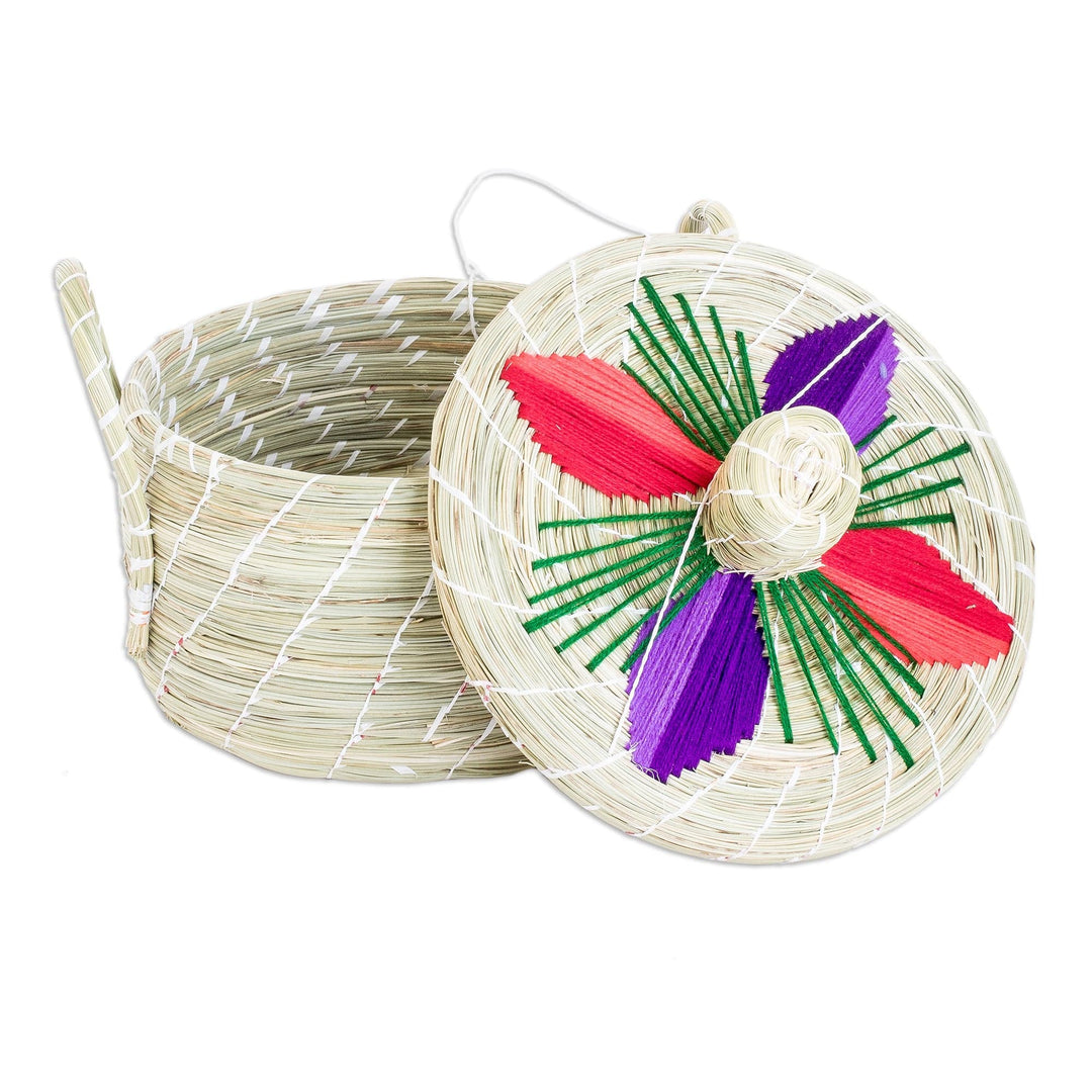 Handwoven Floral Red and Purple Natural Fiber Basket - Enchanting Spring