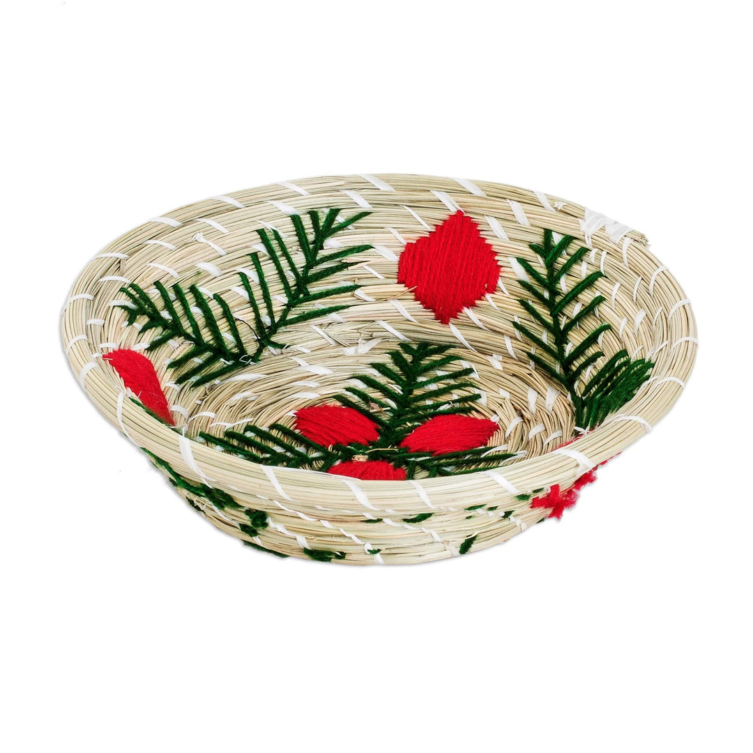 Handwoven Natural Fiber Decorative Basket with Red Blooms - Romance Branches
