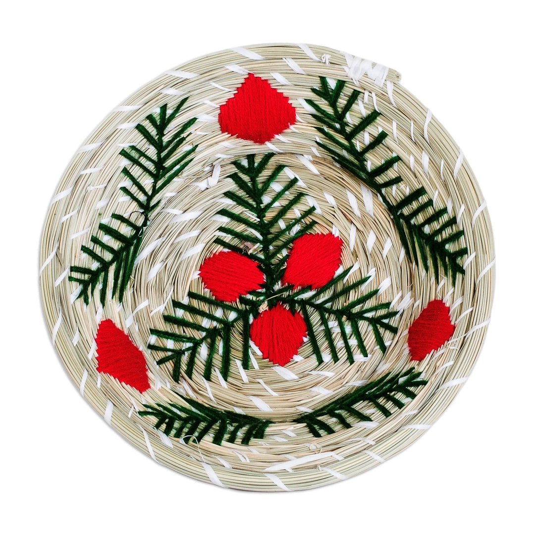 Handwoven Natural Fiber Decorative Basket with Red Blooms - Romance Branches