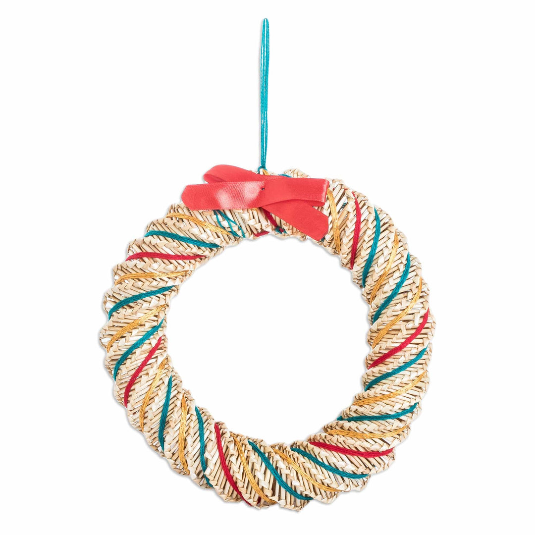 Handwoven Colorful Natural Fiber Wreath with Ribbon - Peace & Prosperity