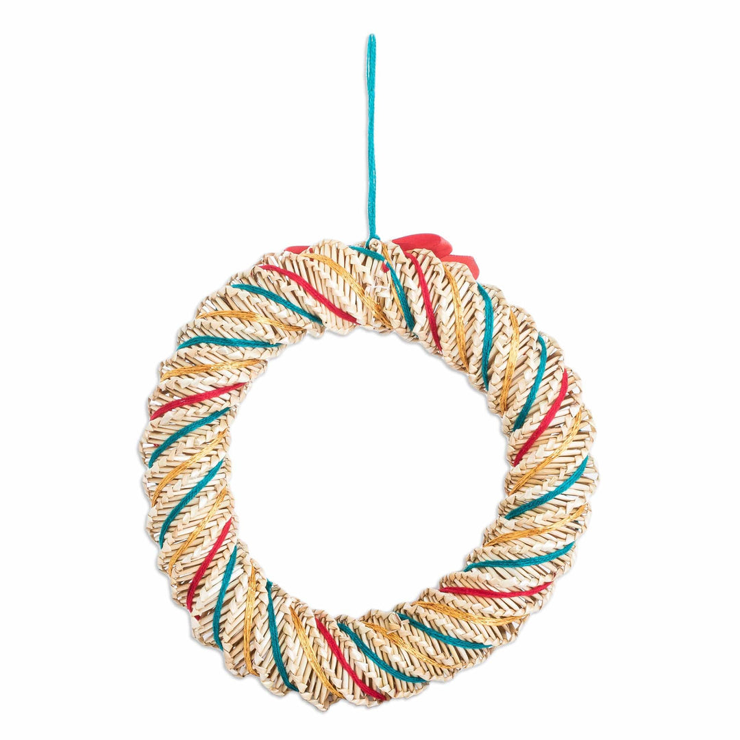 Handwoven Colorful Natural Fiber Wreath with Ribbon - Peace & Prosperity