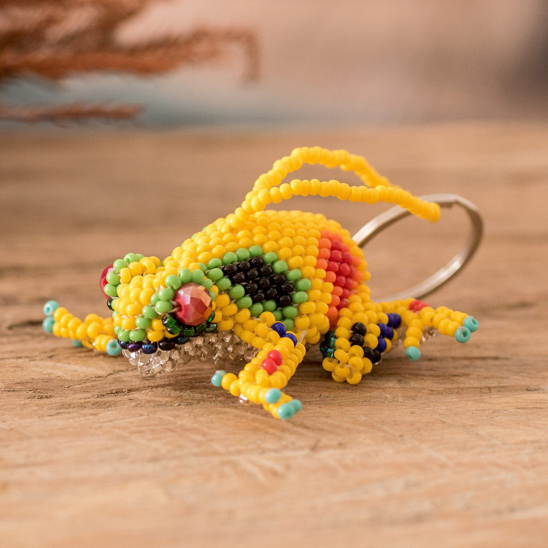 Handcrafted Glass Beaded Frog Keychain in Yellow Hues - Leaping Yellow