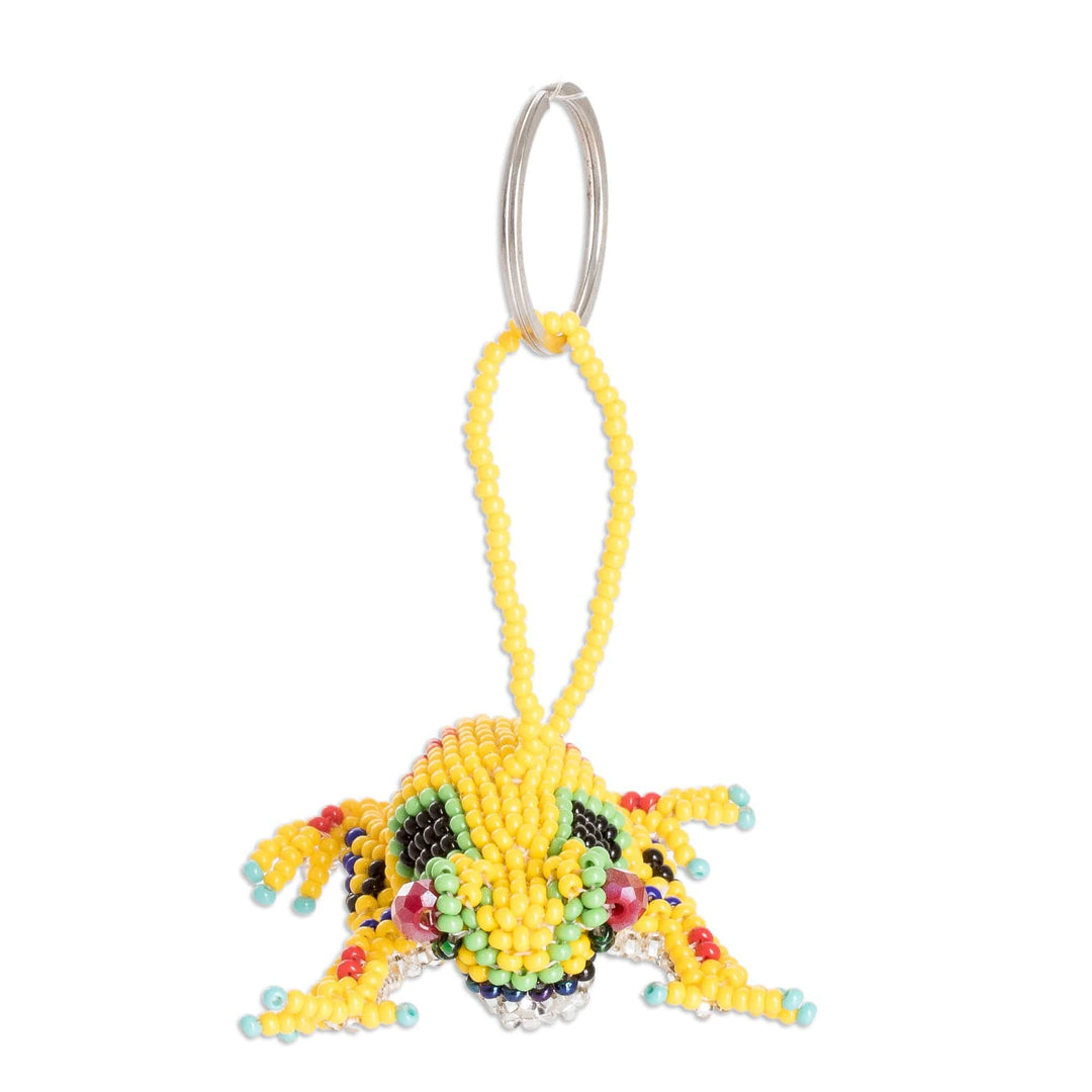 Handcrafted Glass Beaded Frog Keychain in Yellow Hues - Leaping Yellow