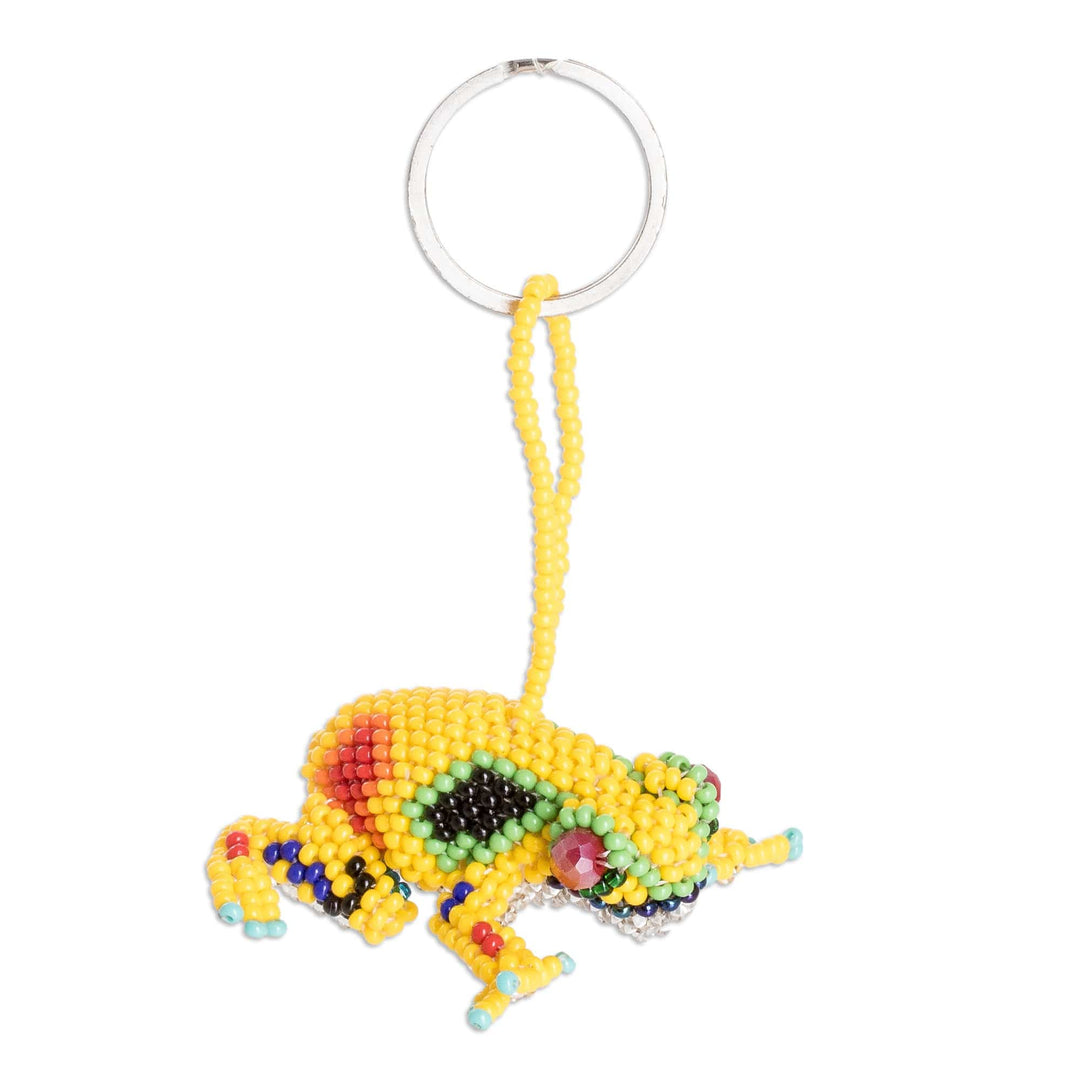 Handcrafted Glass Beaded Frog Keychain in Yellow Hues - Leaping Yellow