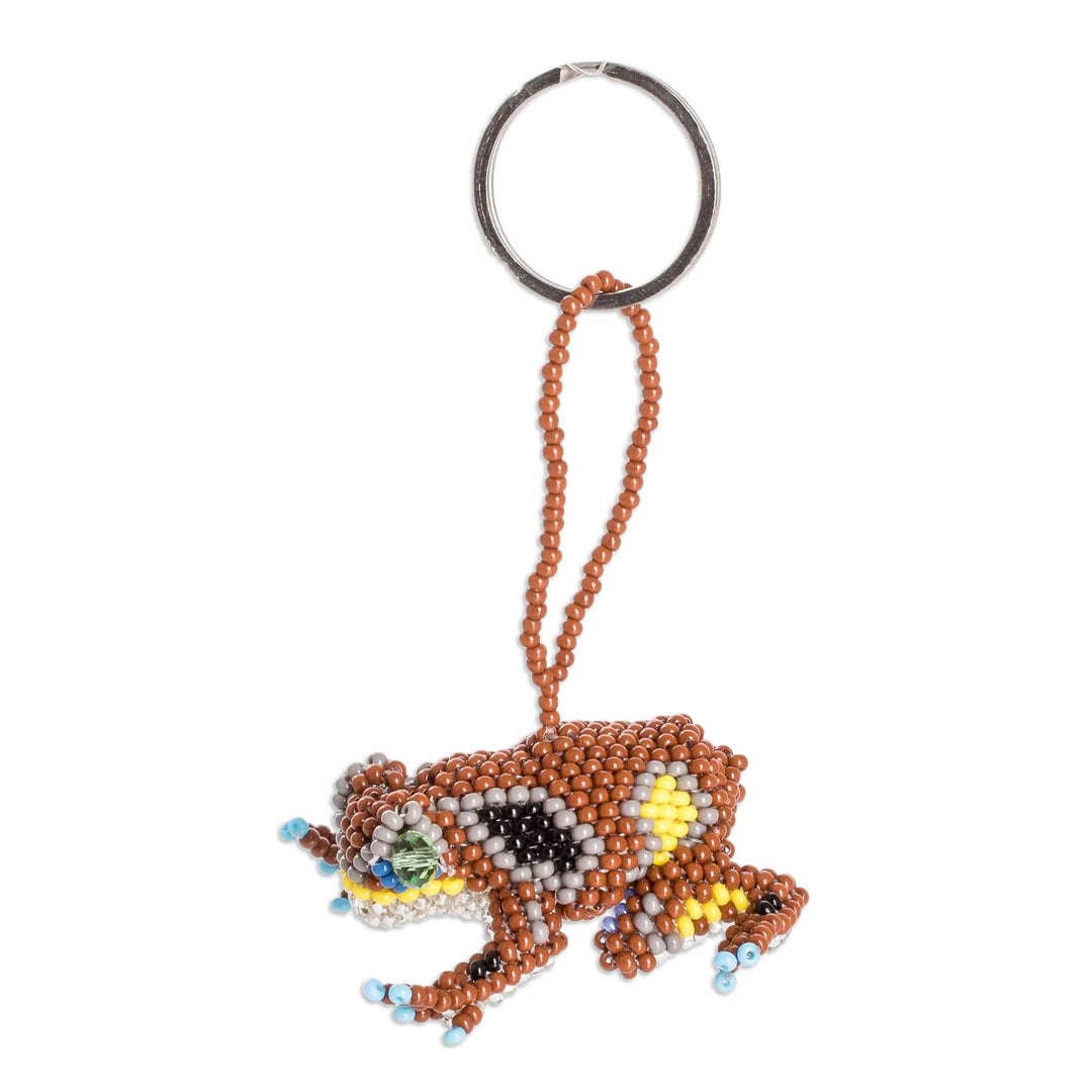 Handcrafted Glass Beaded Frog Keychain in Brown Hues - Leaping Brown
